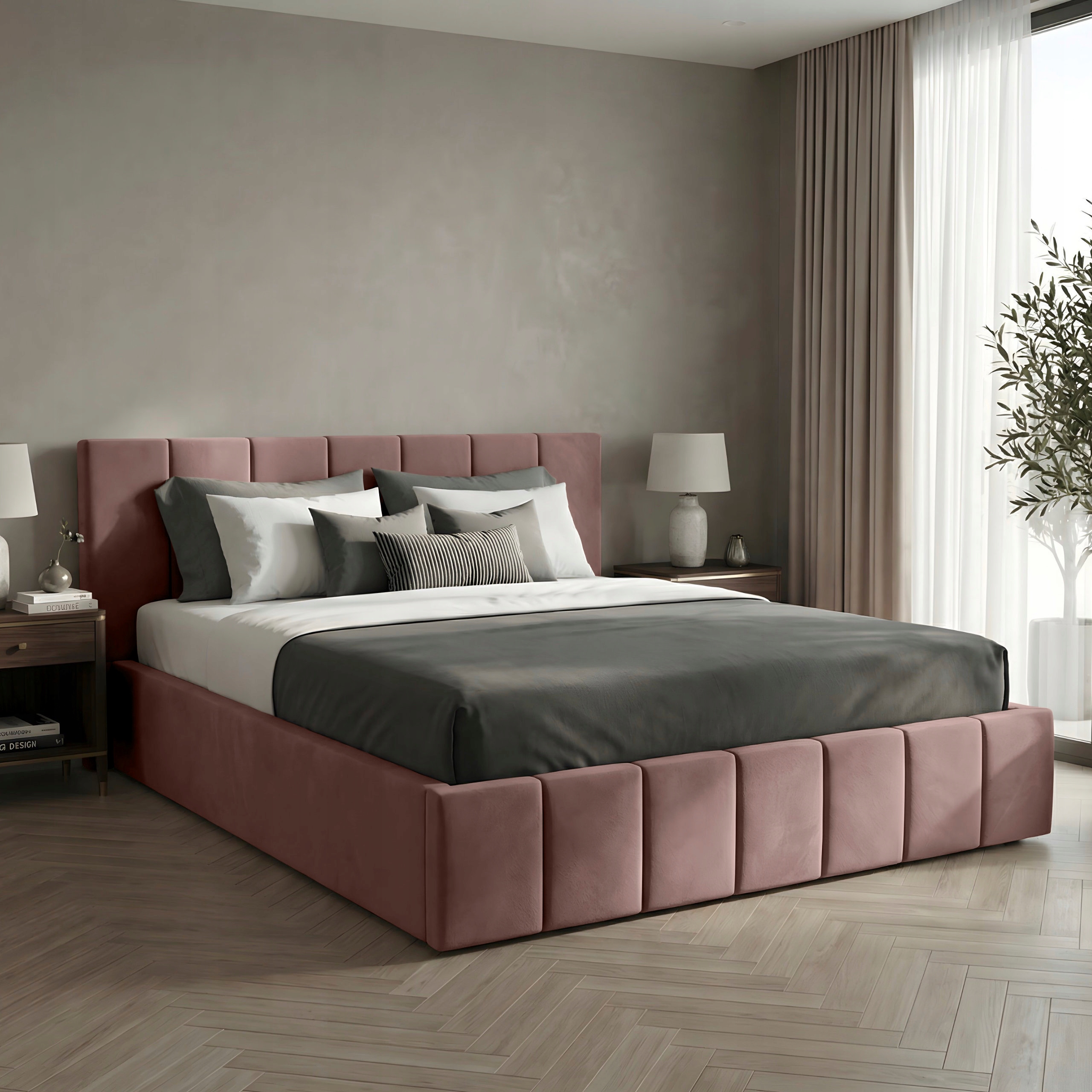 Čalouněná Postel 140x200 Dvoulůžková Postel Premium S Úložným Prostorem Starorůžová