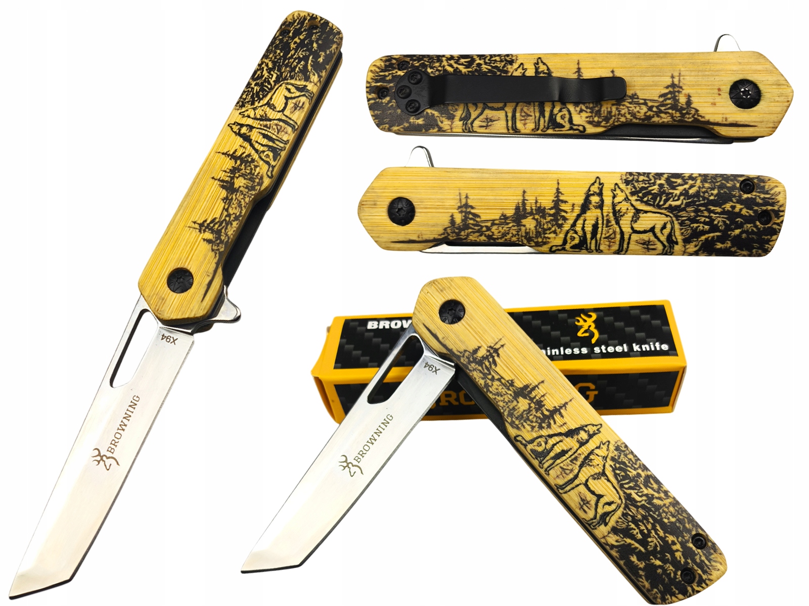 Nóż scyzoryk myśliwski myśliwy Drewno Hunter Wolf Wilk Tanto Browning BR11