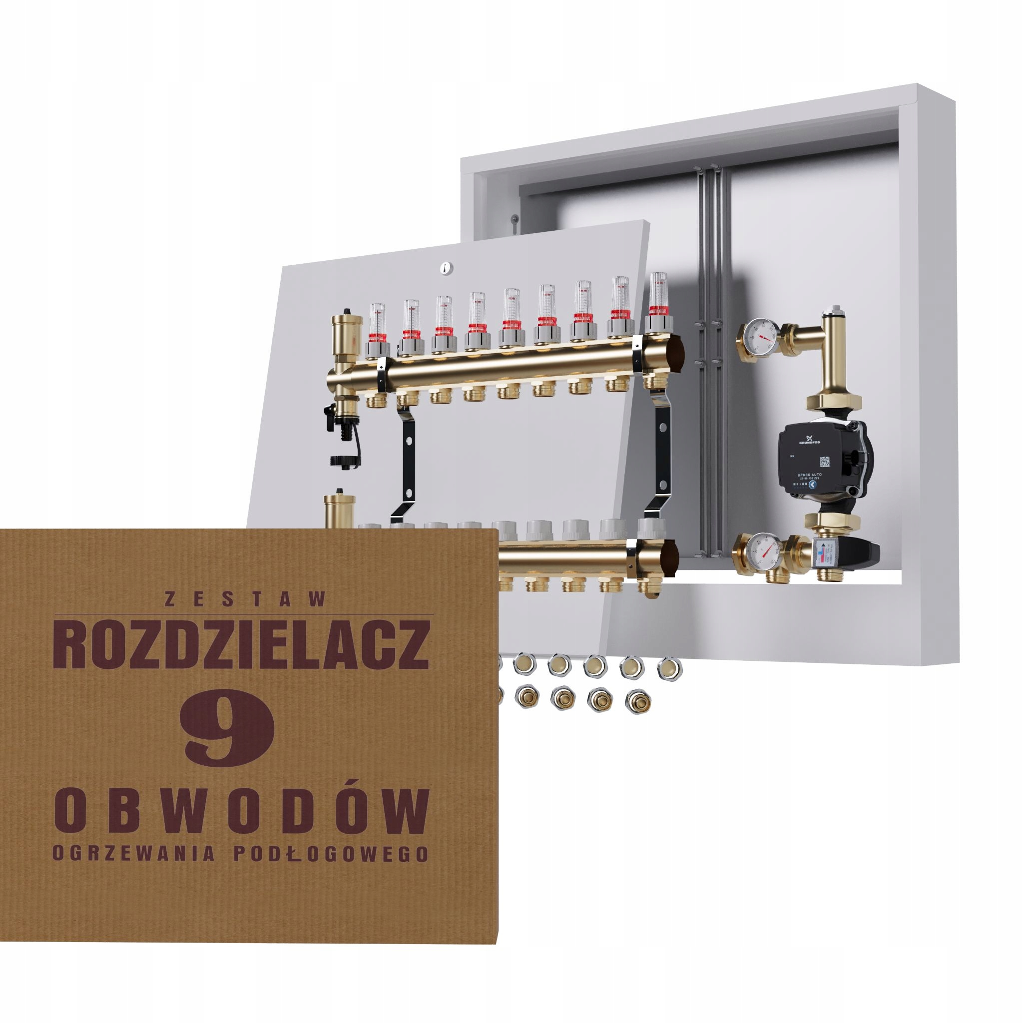 Rozdělovač pro podlahu 9 sekcí s čerpadlem GRUNDFOS+nástěnná skříňka+PEX