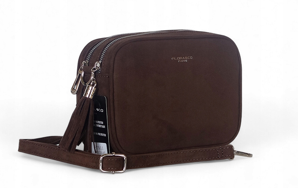 Flora&Co zamszowa torebka listonoszka dwie komory czekolada eko skóra
