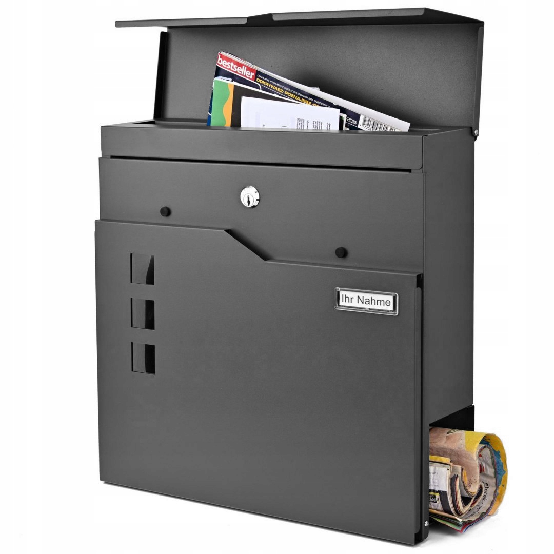 Velká Poštovní Schránka Černá Na Dopisy, Kovová, S Novinami, Moderní