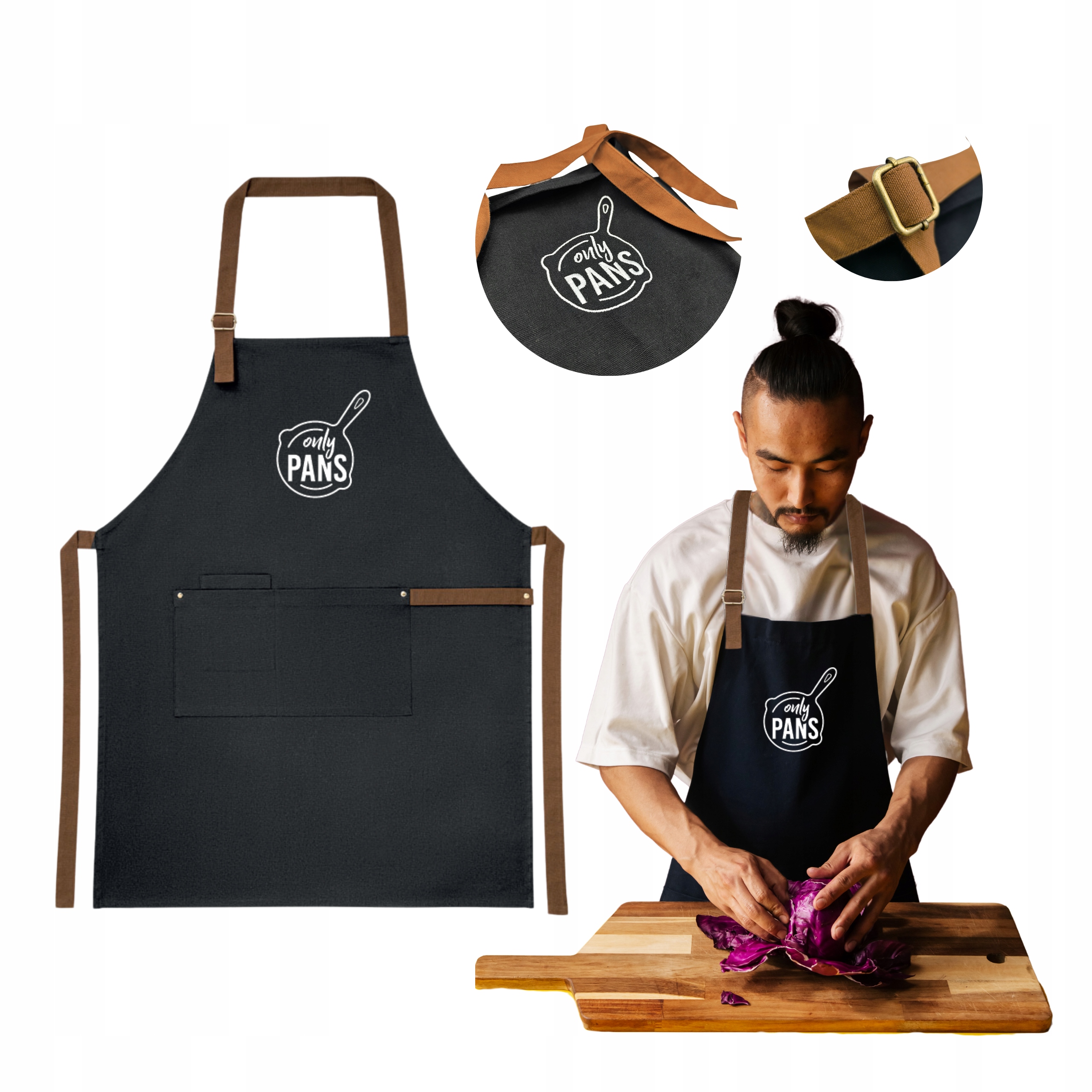 Kuchyňská Zástěra Černá Pro Šéfkuchaře Bavlněná Na Grilování Kotlíku S Výšivkou