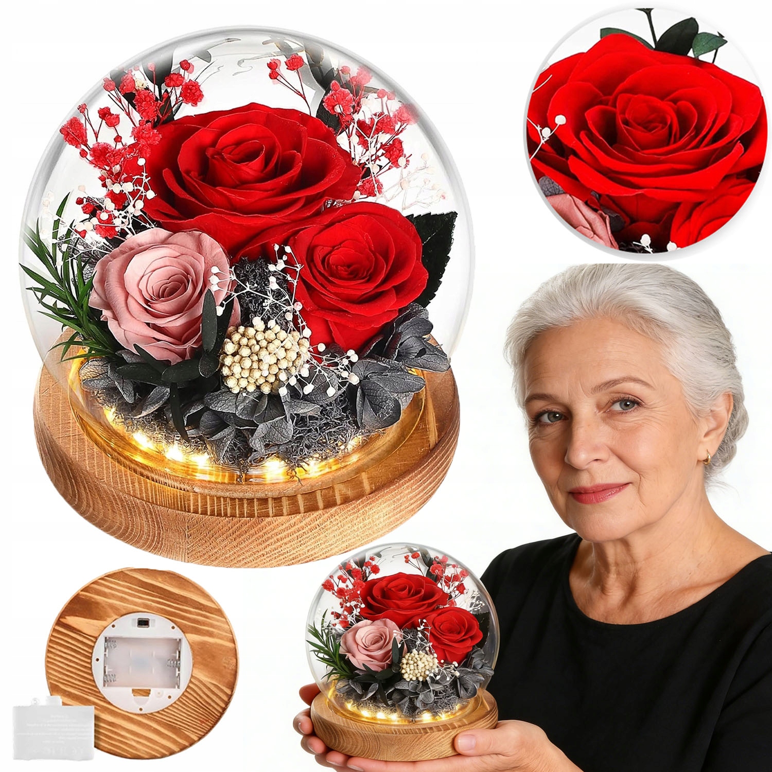 Valentýnská Stabilizovaná Růže v kopuli s Led osvětlením 21 cm 2 růže Dárek
