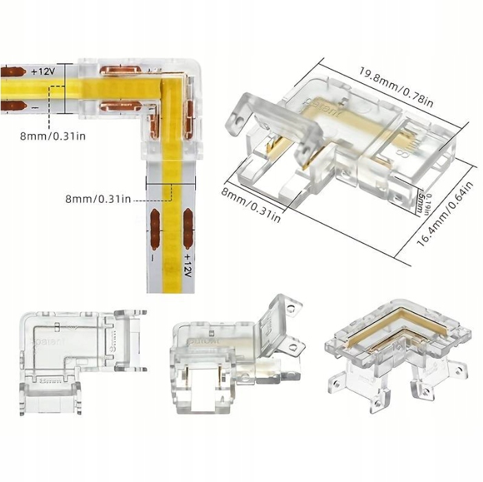 10 SZTUK ZŁĄCZKA KĄTOWA ŁĄCZNIK DO TAŚM LED COB 8mm IP20 ZACISKOWA 90° Typ złączka
