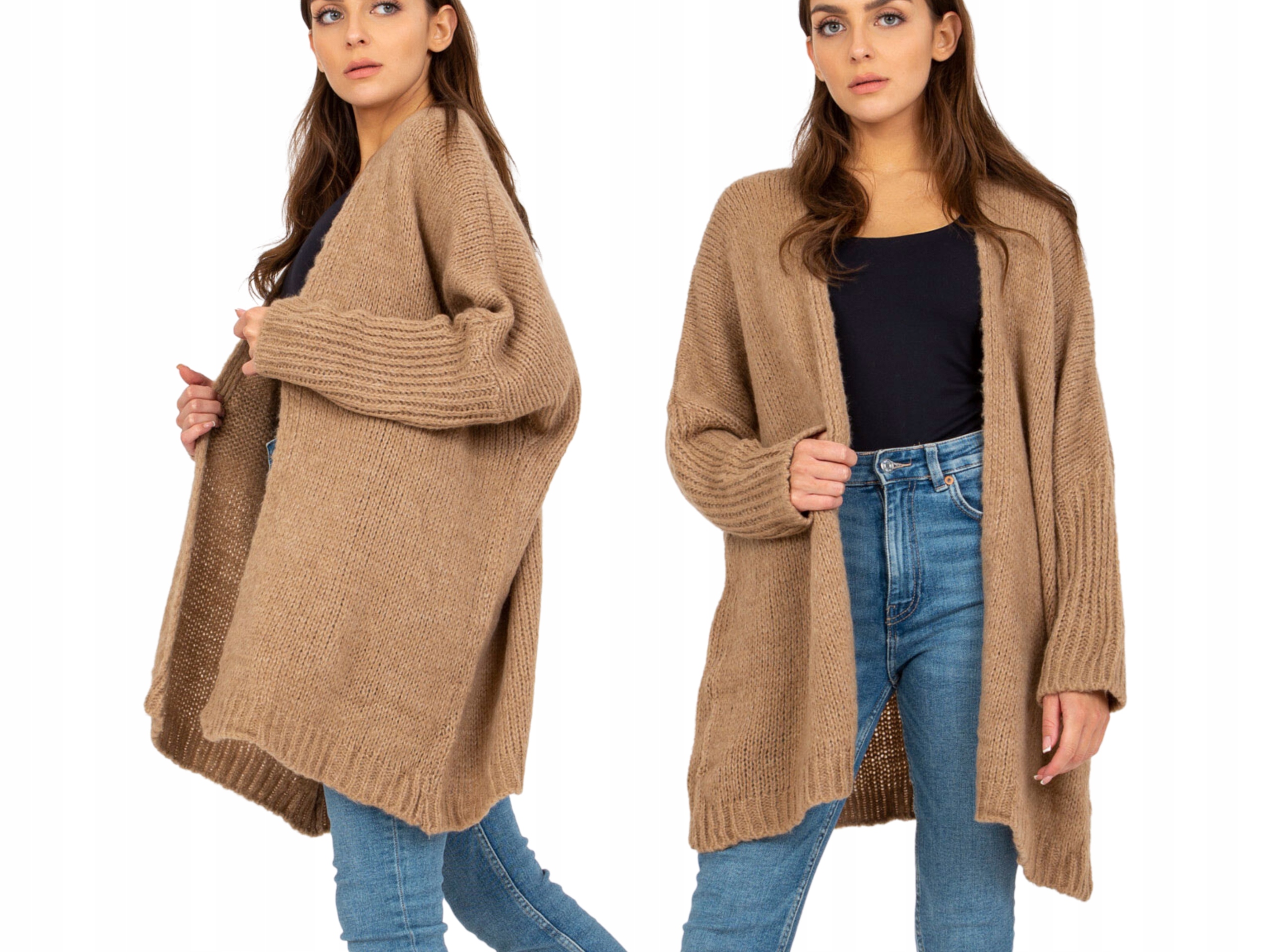 Kardigan dámský teplý oversize svetr s vlnou, béžový