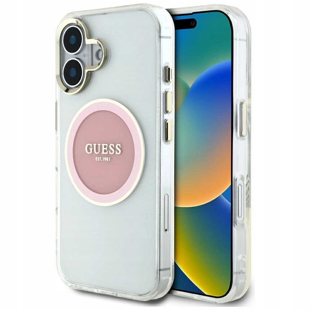 Pouzdro Guess IML Metal Colored Circle Classic Logo MagSafe pro iPhone 16 růžové