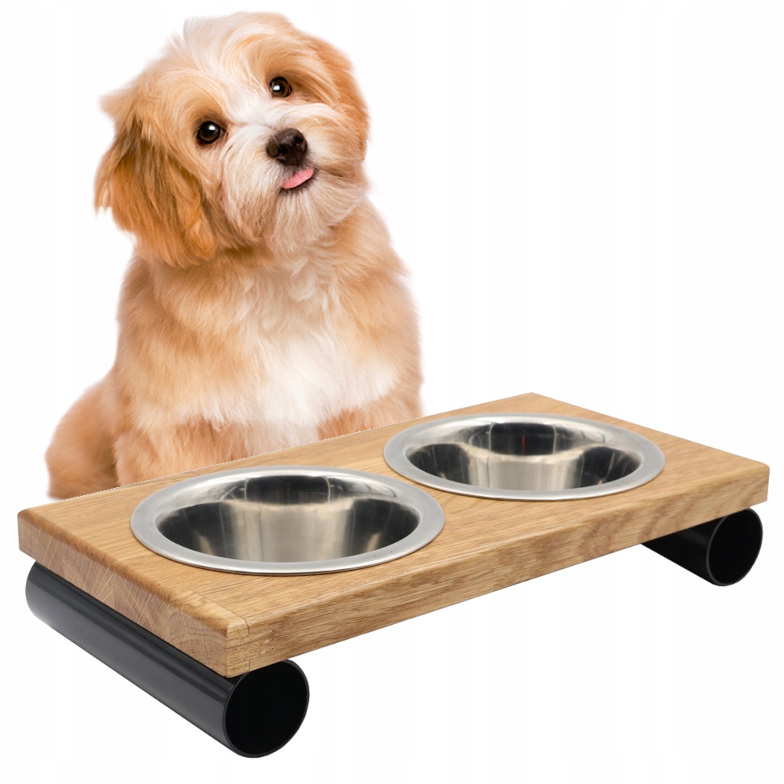 Psi Bufet Miski Na Stojaku Dla Kota Psa Podstawka miski 2x450ml Drewno