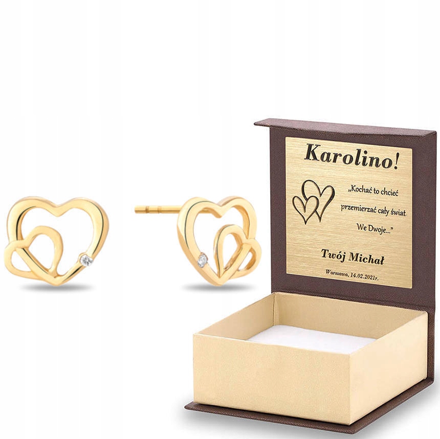 

Złote kolczyki 585 Dwa Serca 14K Pudełko Grawer