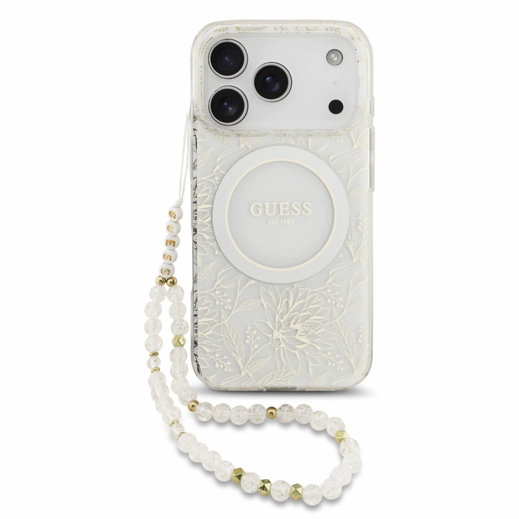 Etui Guess IML Flowers Allover Electroplated with Pearl Strap MagSafe na