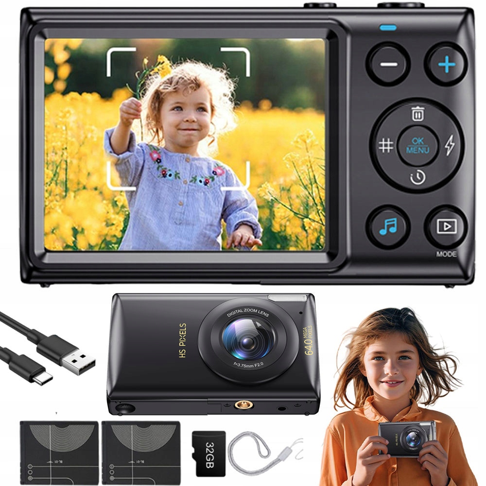 Mini Digitální Fotoaparát Kamera Hd 1080P 64MP 32 Gb Má Funkci Nahrávání