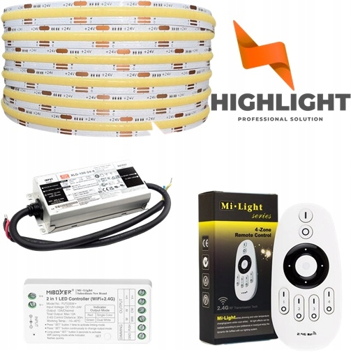 5m Sada led pások Cob+cct 16W 24V IP65HS Wi-Fi