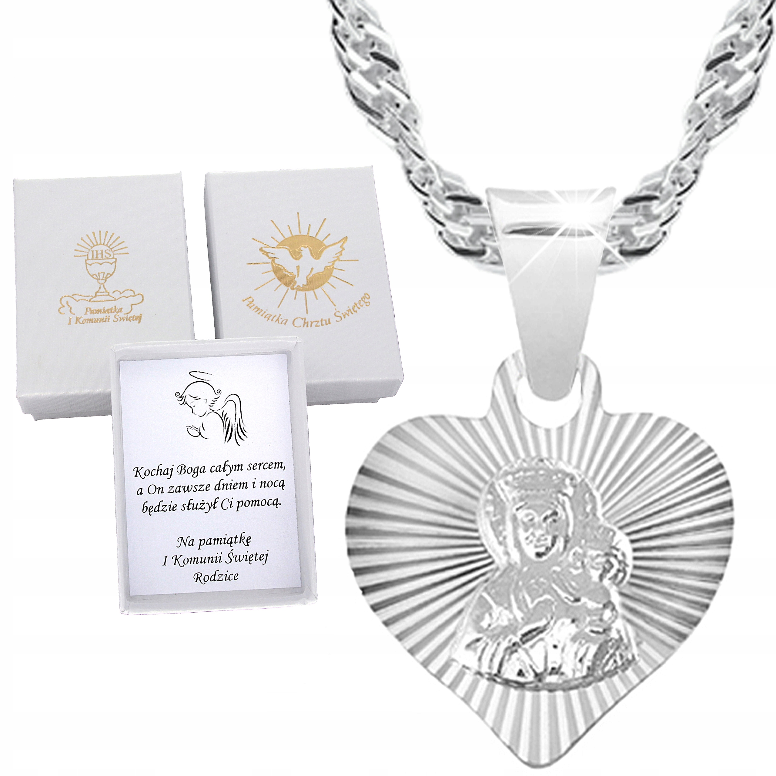SREBRNY ŁAŃCUSZEK I MEDALIK KOMUNIJNY SERCE MATKA BOSKA CZĘSTOCHOWSKA 40cm