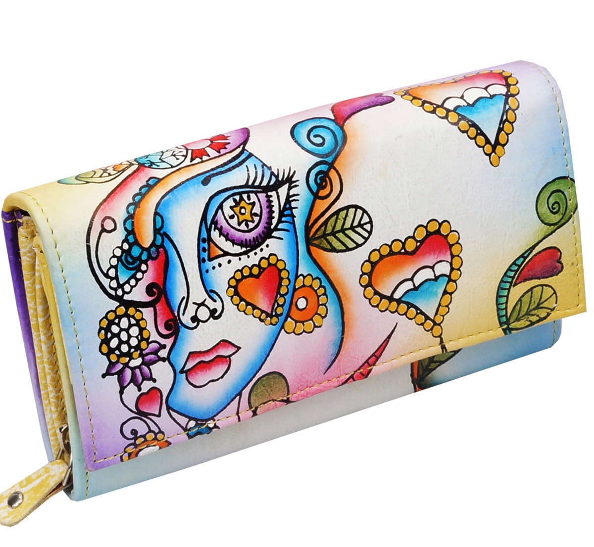 Kochmanski skórzany portfel damski ręcznie malowany serca serduszka