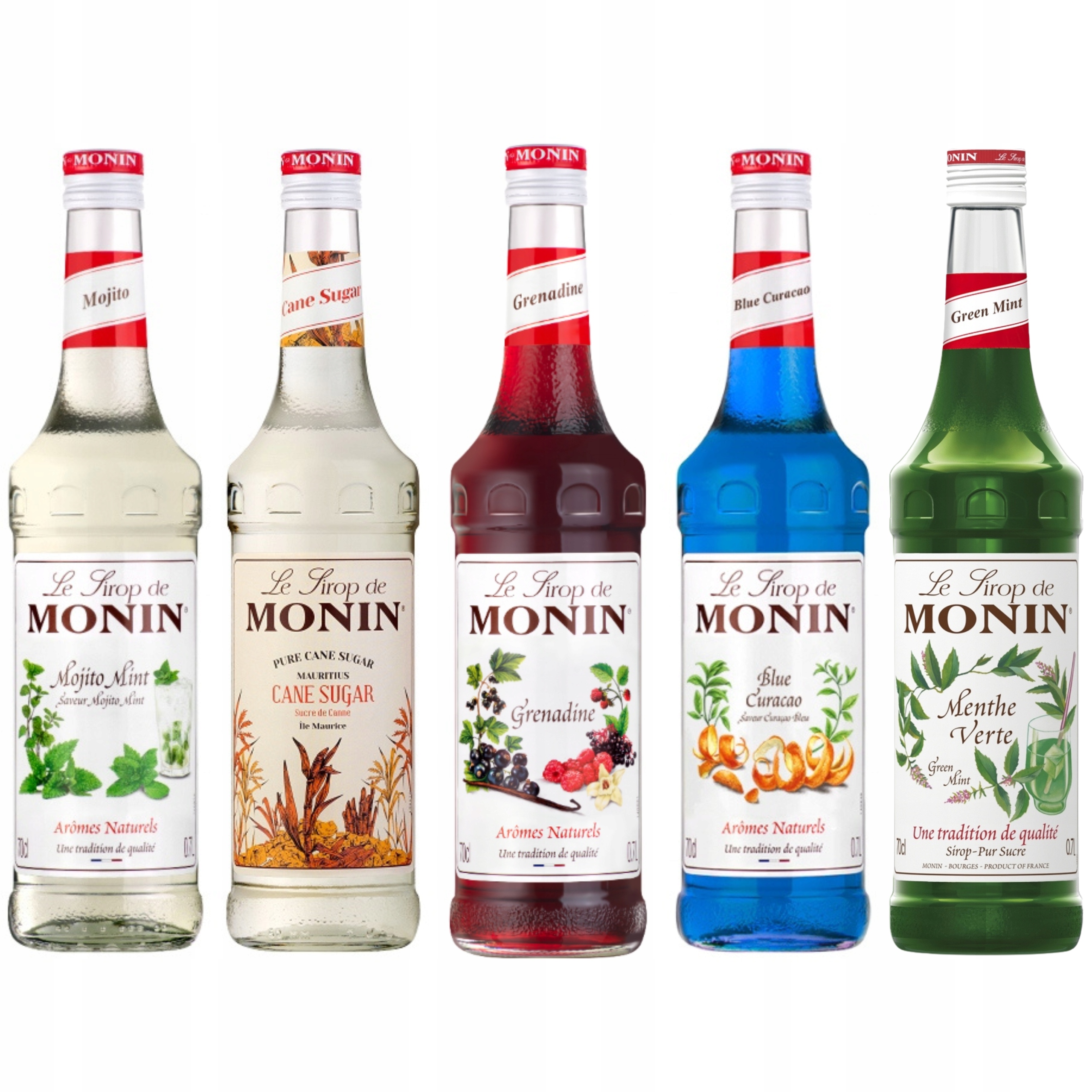 Levně Sirupy Monin Zelená Máta/Blue Curacao/Grenadine/Cane Sugar/Mojito Mint
