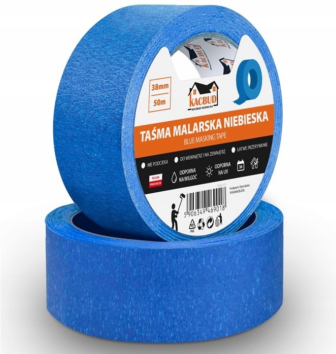 KACBUD TAŚMA MALARSKA NIEBIESKA PAPIEROWA DELIKATNY KLEJ 38 mm x 50 m