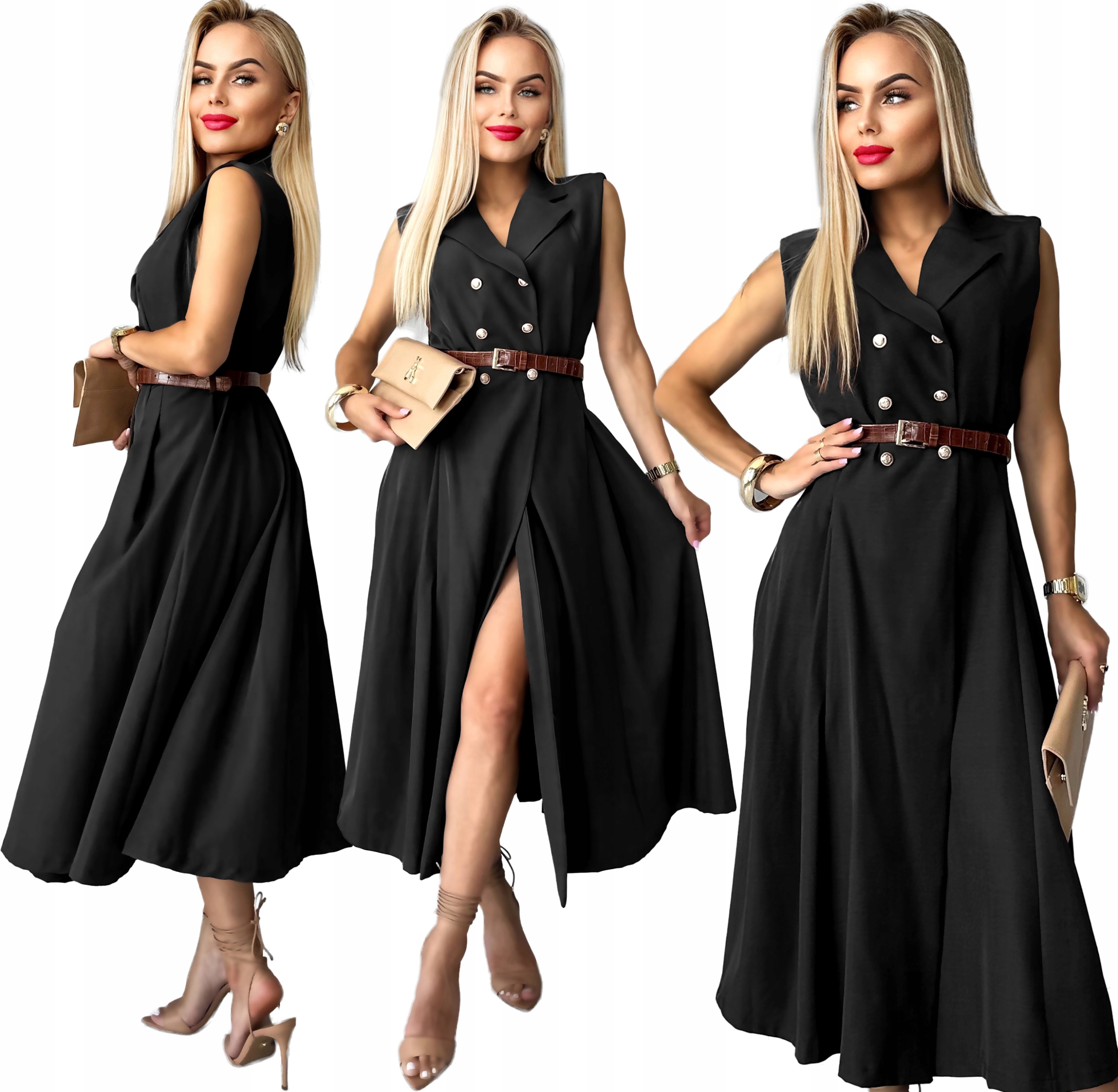 Czarna Sukienka Damska szmizjerka kieszenie wesele Gloria