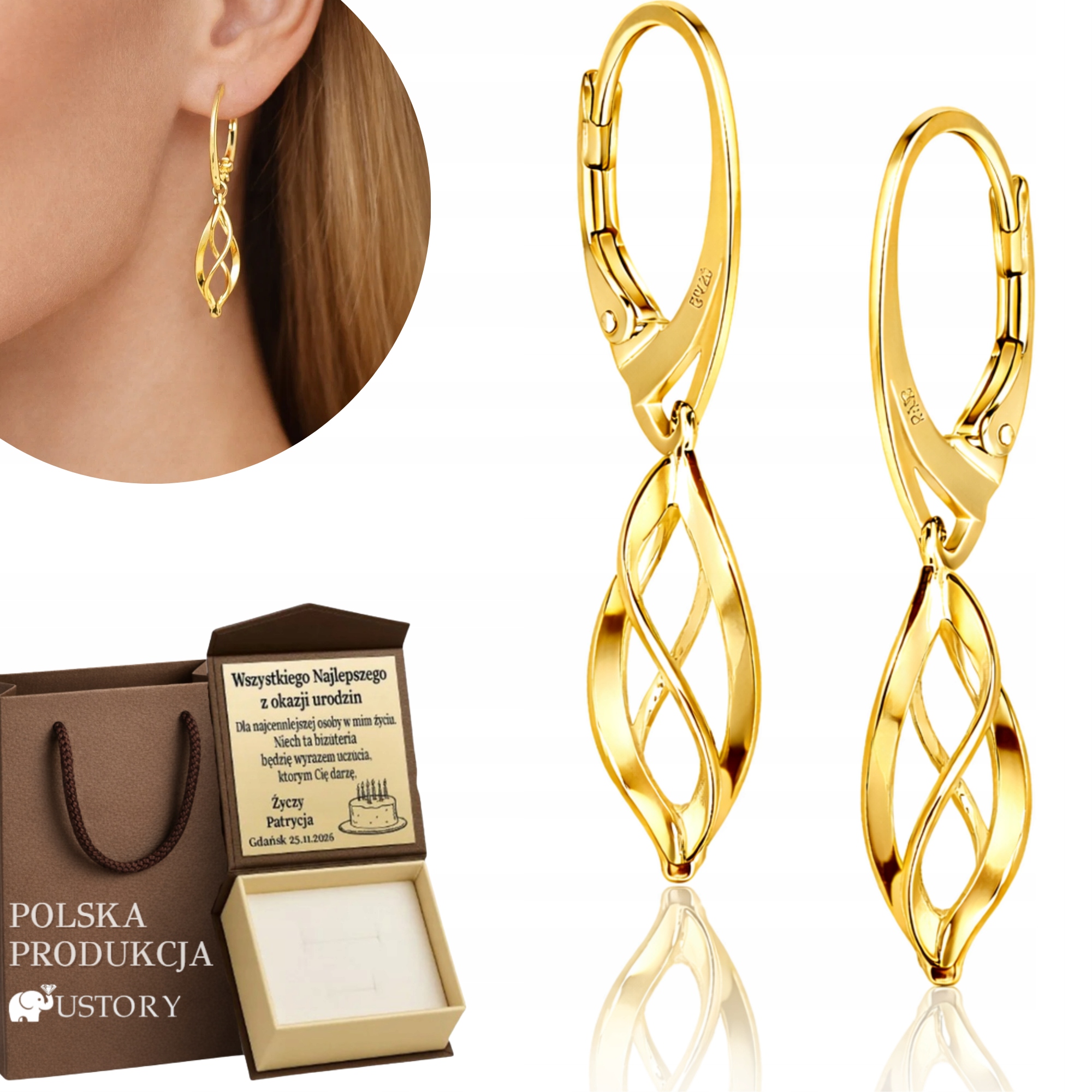 Złote Kolczyki Wiszące Spiralne 3,3CM Pozłacane 925 Bigiel Grawer