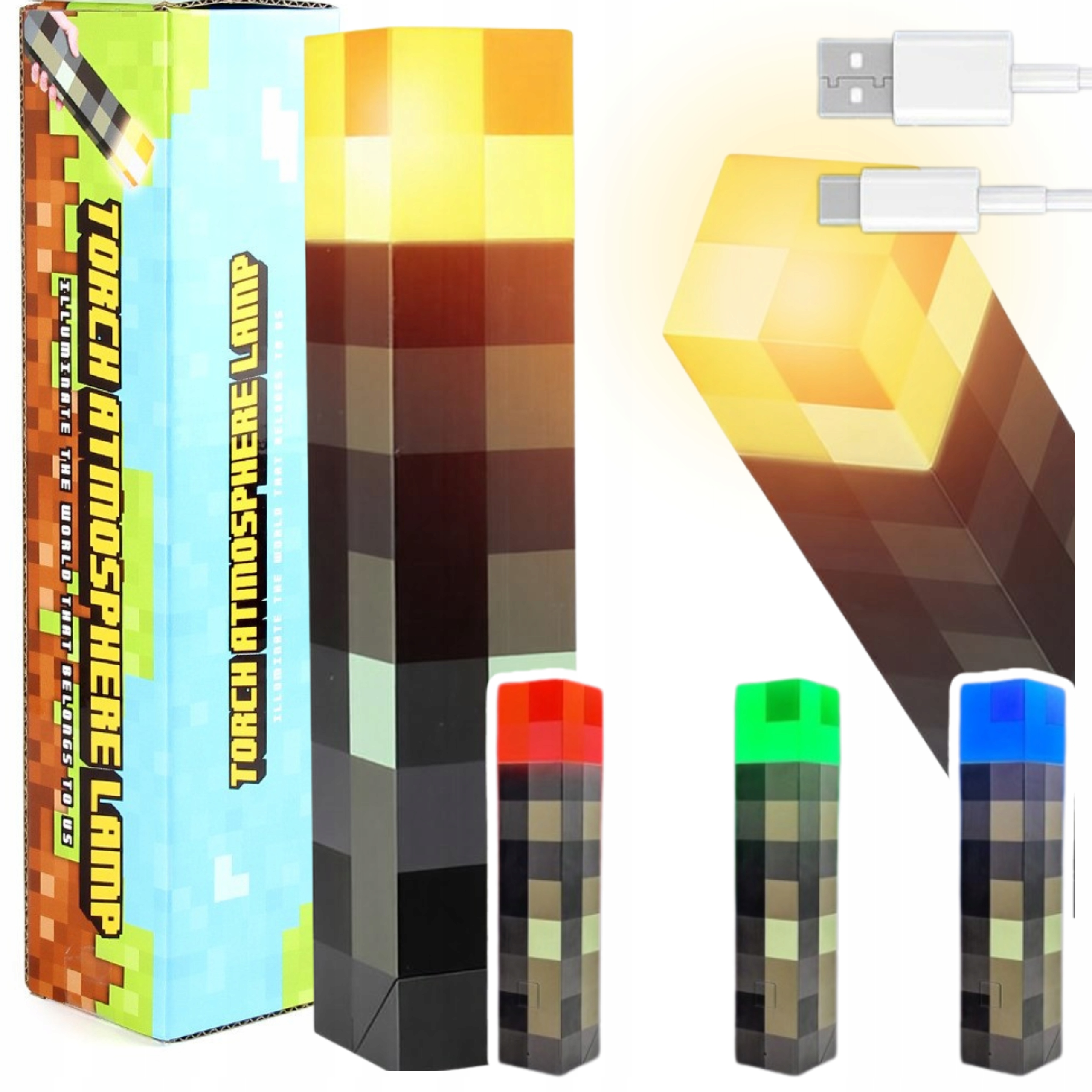 Lampka Minecraft Pochodnia LED Akumulator USB 4 Kolory Wisząca Stojąca