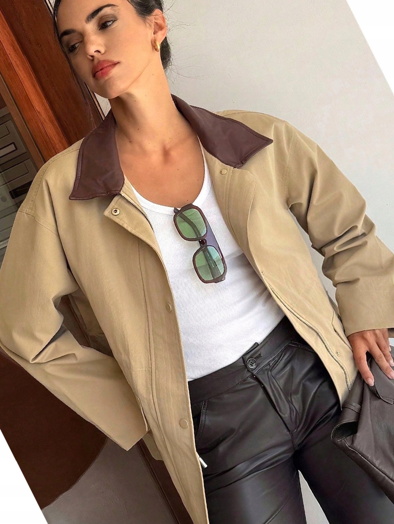 Dámská bunda Ecru s koženým límcem Casual S 36
