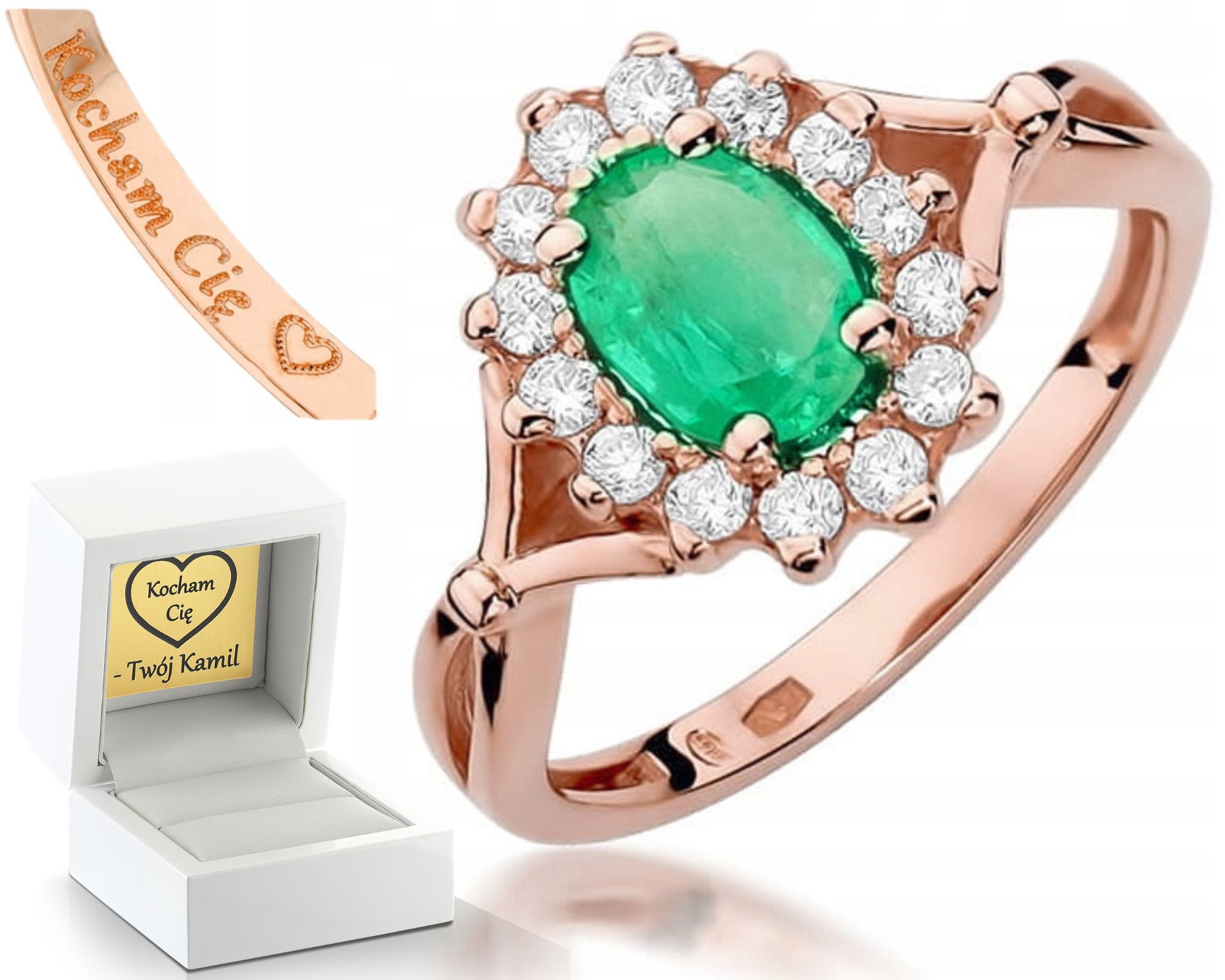 Růžové Zlato Prstýnek Se Smaragdem, Brilianty Gravírování Dárek