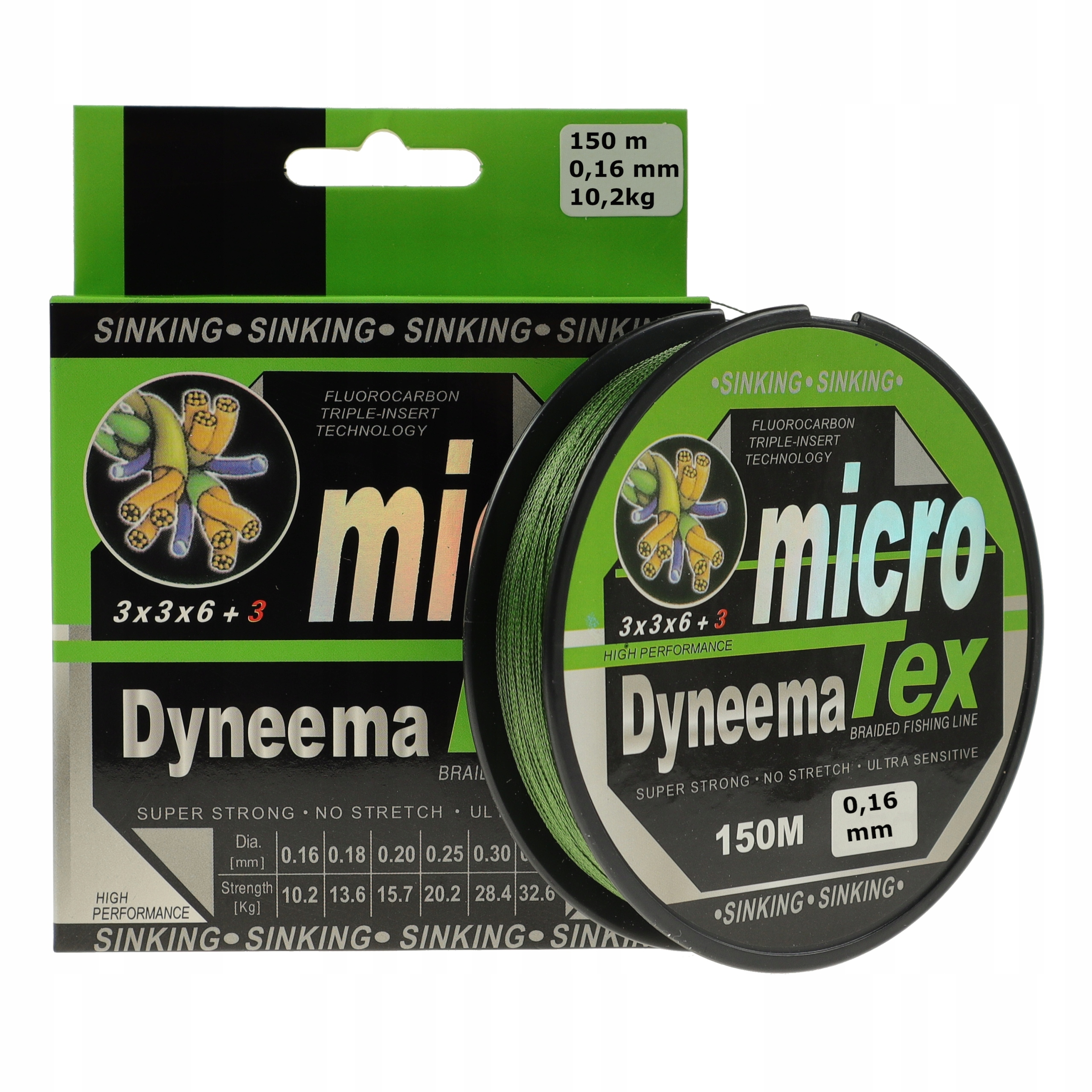 Plecionka wędkarska tonąca 0.16 mm 150 m zielona Dyneema Tex