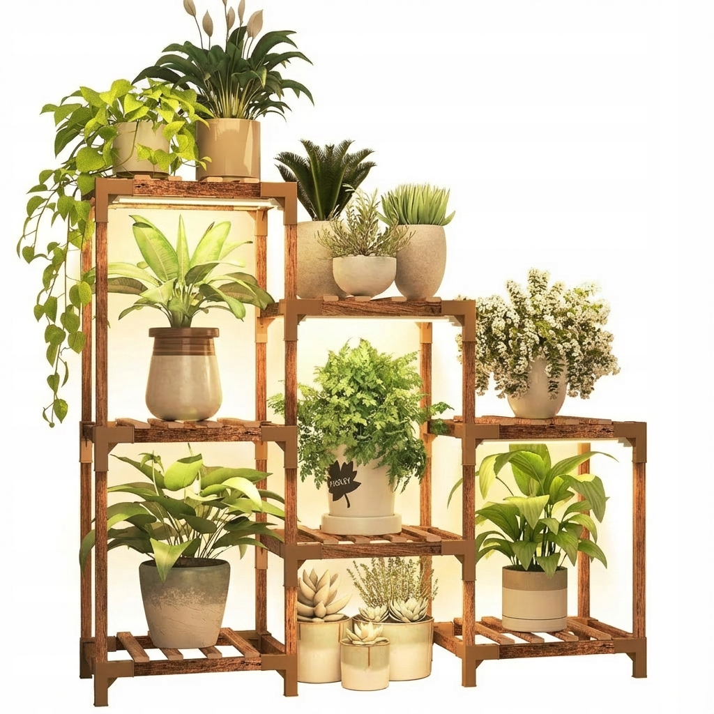 Regál Na Rastliny S Led Osvetlením Prírodné Drevo Skladací 150 CM