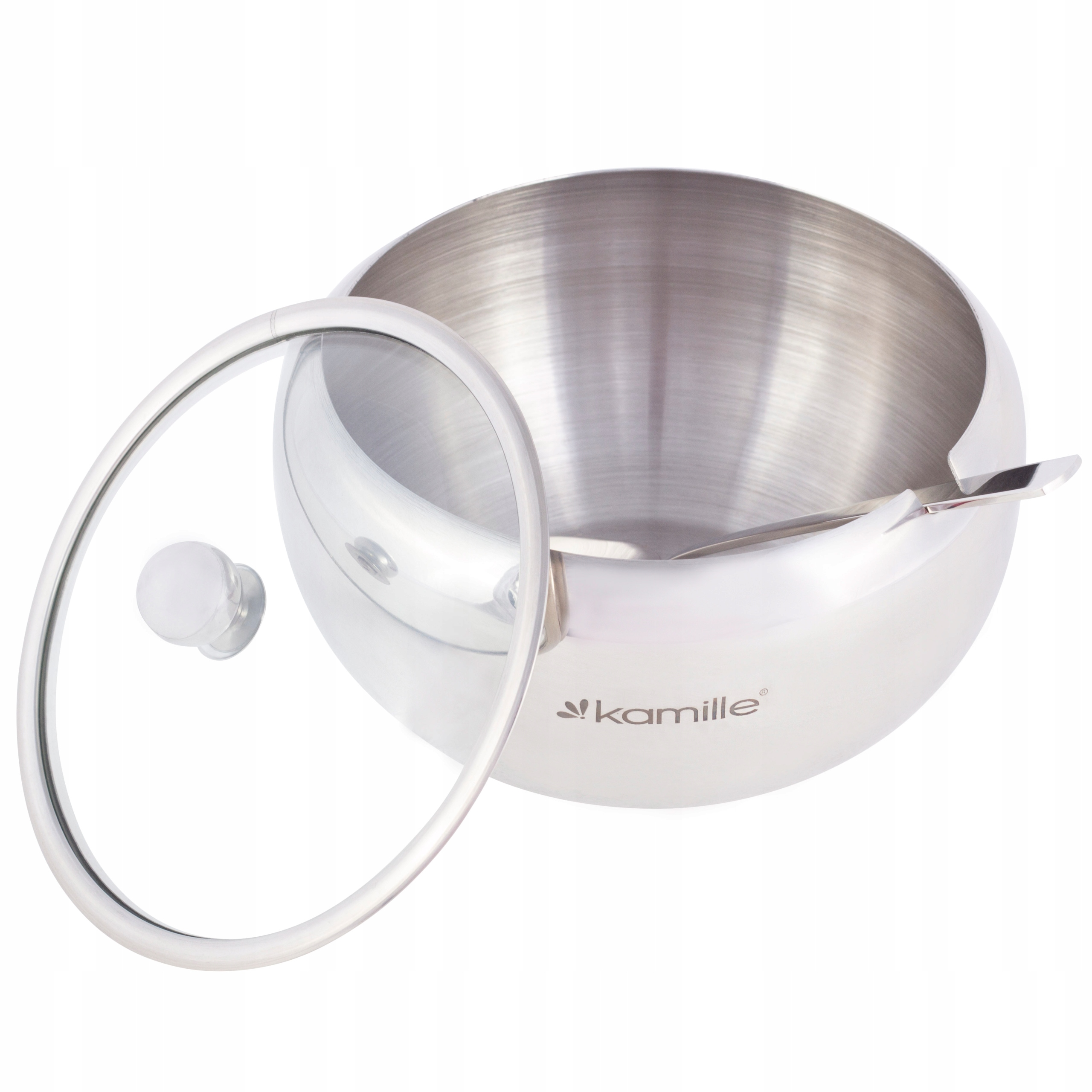 CUKIERNICA STALOWA z ŁYŻECZKĄ I POKRYWKĄ CUKIERNICZKA KAMILLE Marka Kamille