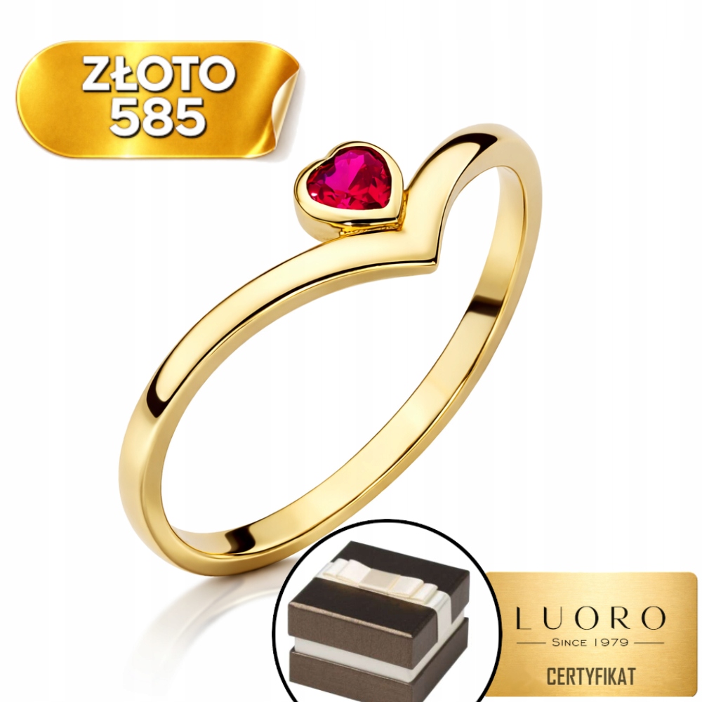 Prstýnek 585 14K Hladká Rubínová Lišta Srdce Elegantní R09