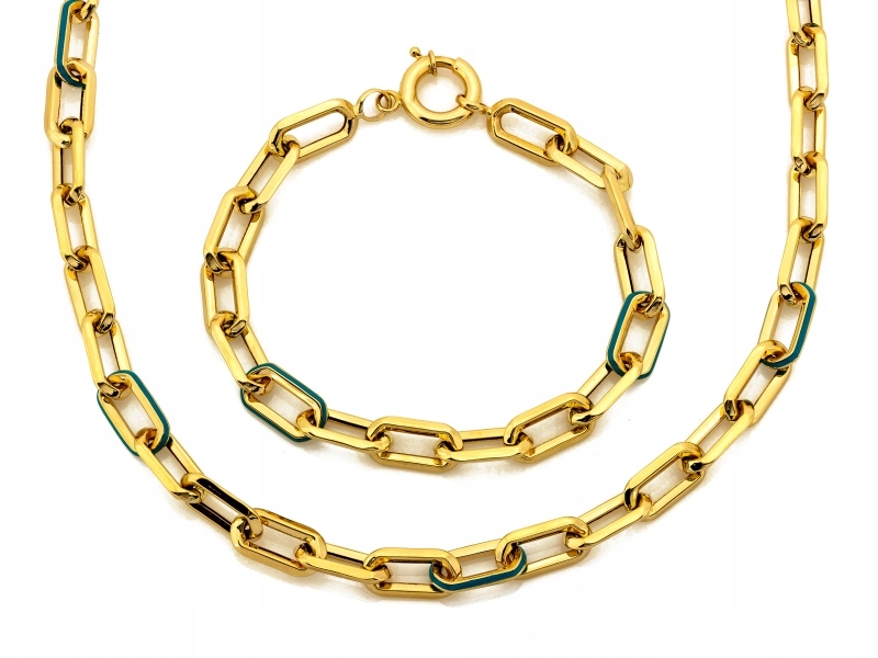 Zlatý komplet 585 náhrdelník a náramek s články zdobenými barevným smaltem