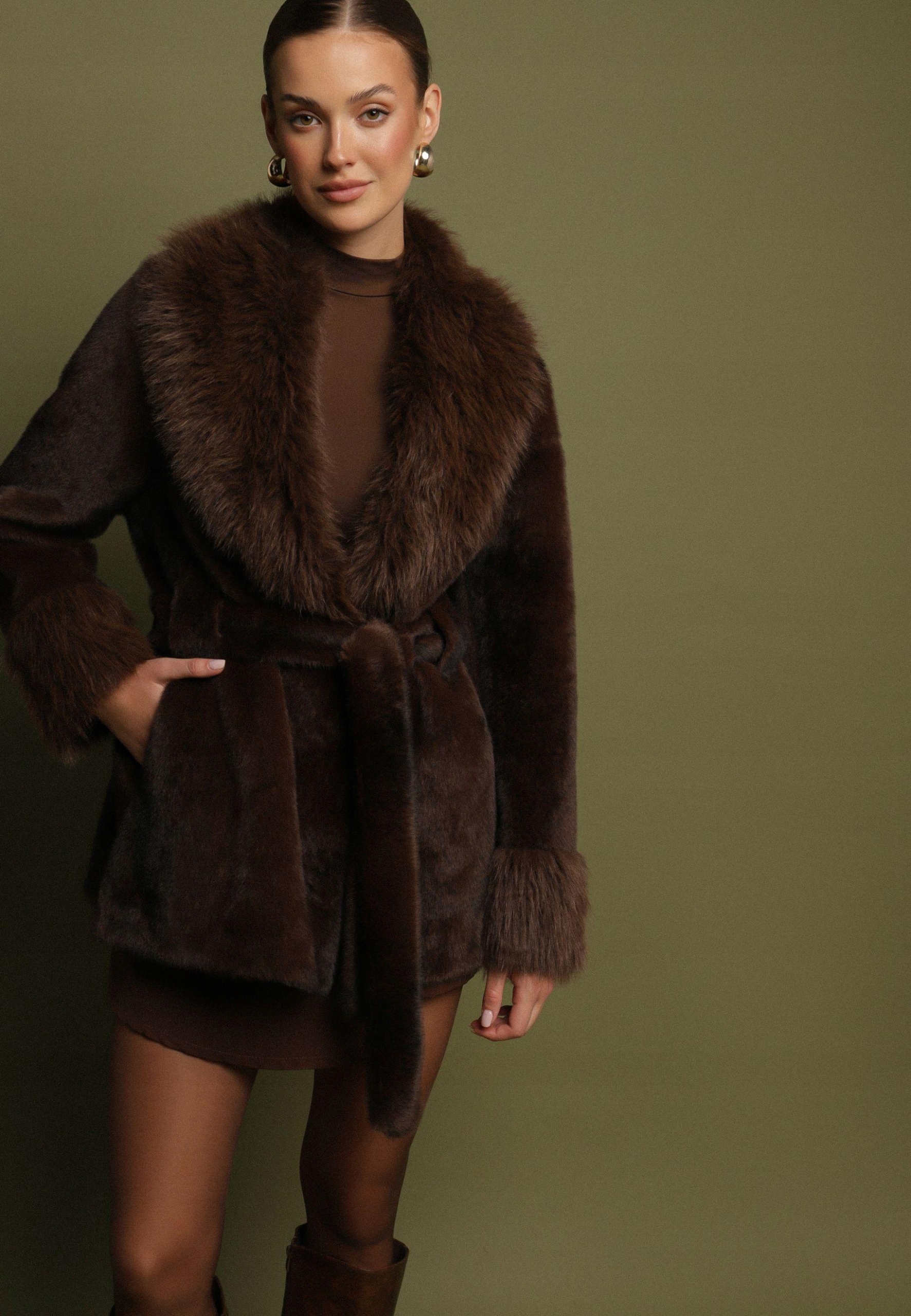 Umělé Kožešina Hnědé Kožešinové Parka Elegantní Born2be XL