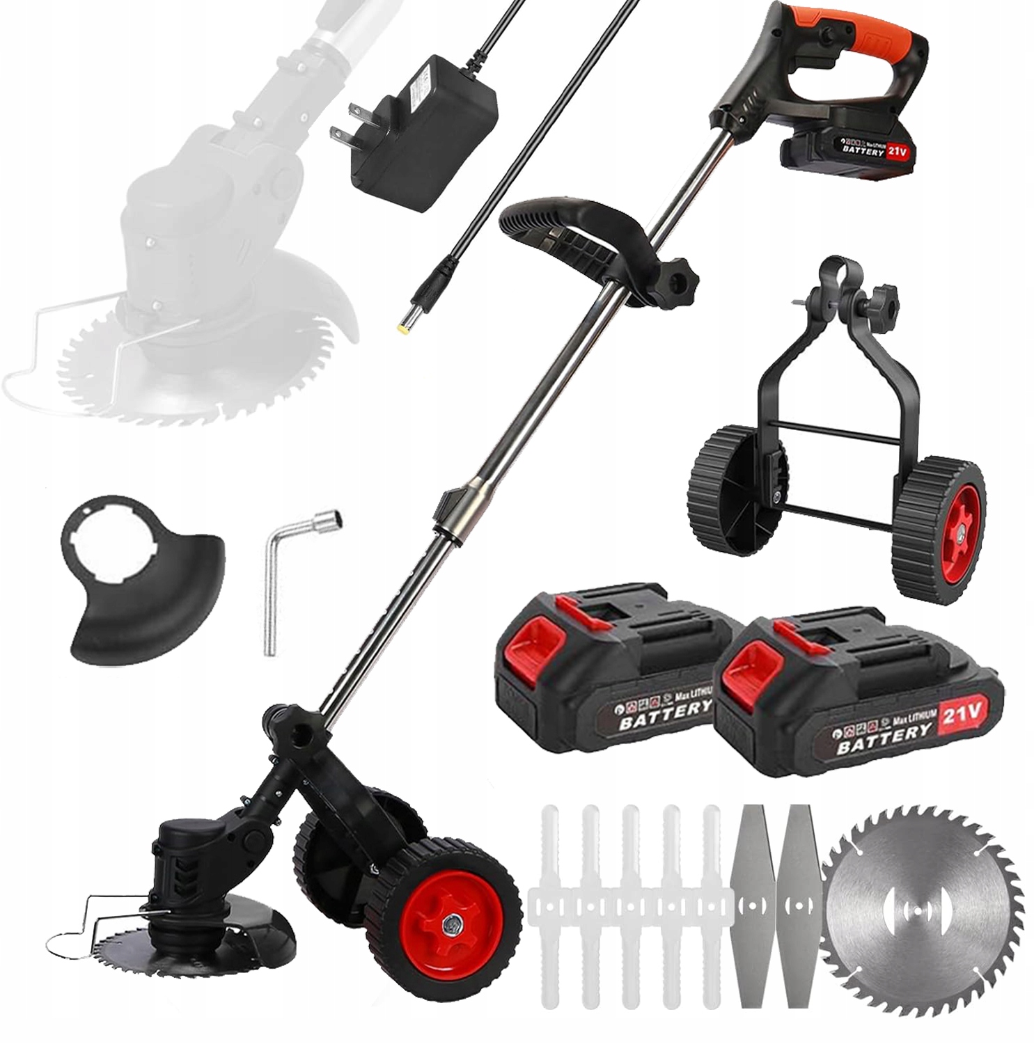 Křovinořez 21V 2AKU Připínací Kolečka Kotouče Nože 800W 18000 ot/min
