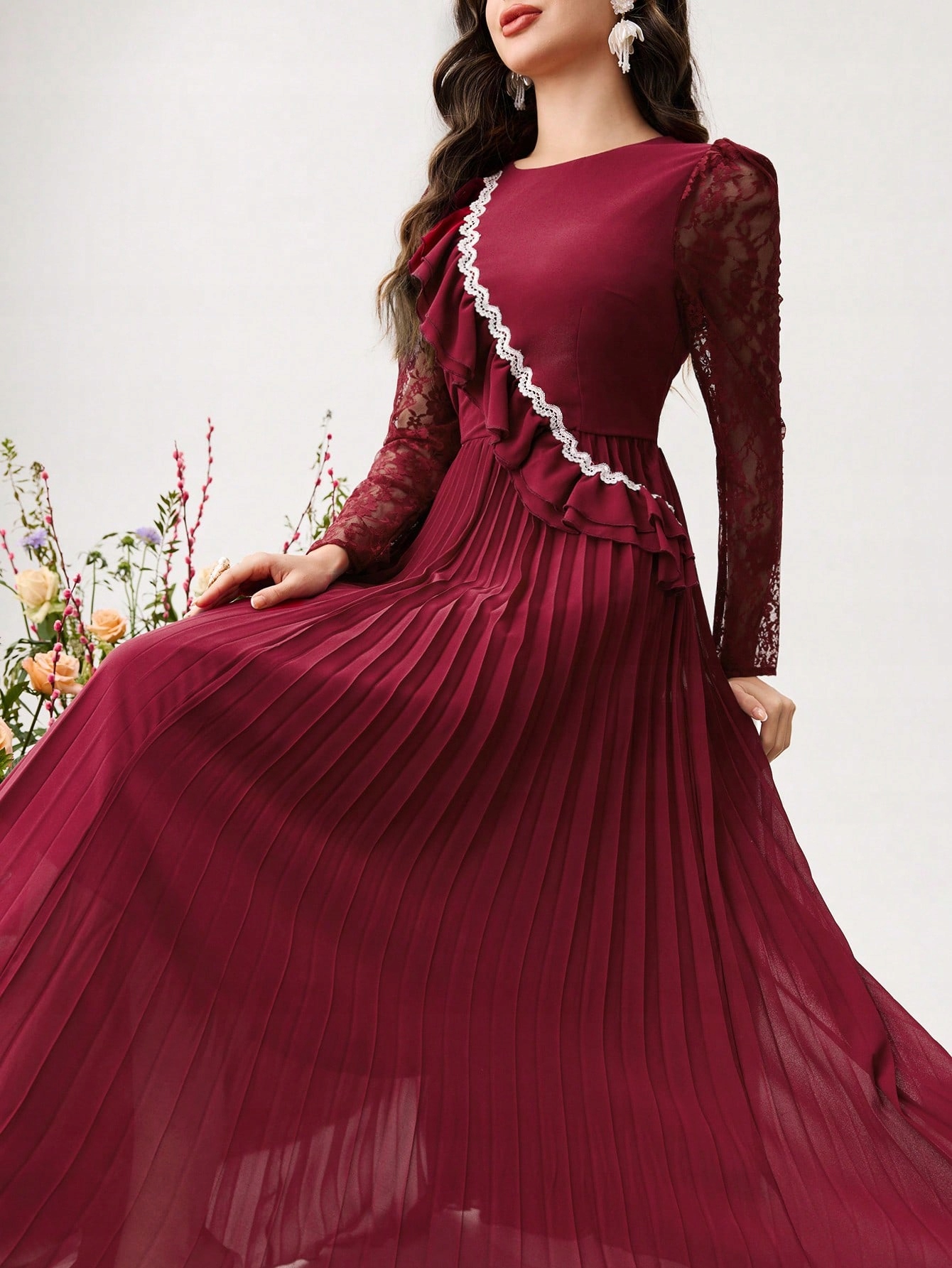 Šaty Plisované Krajkové Maxi S Volánky Večerní Shein S 36