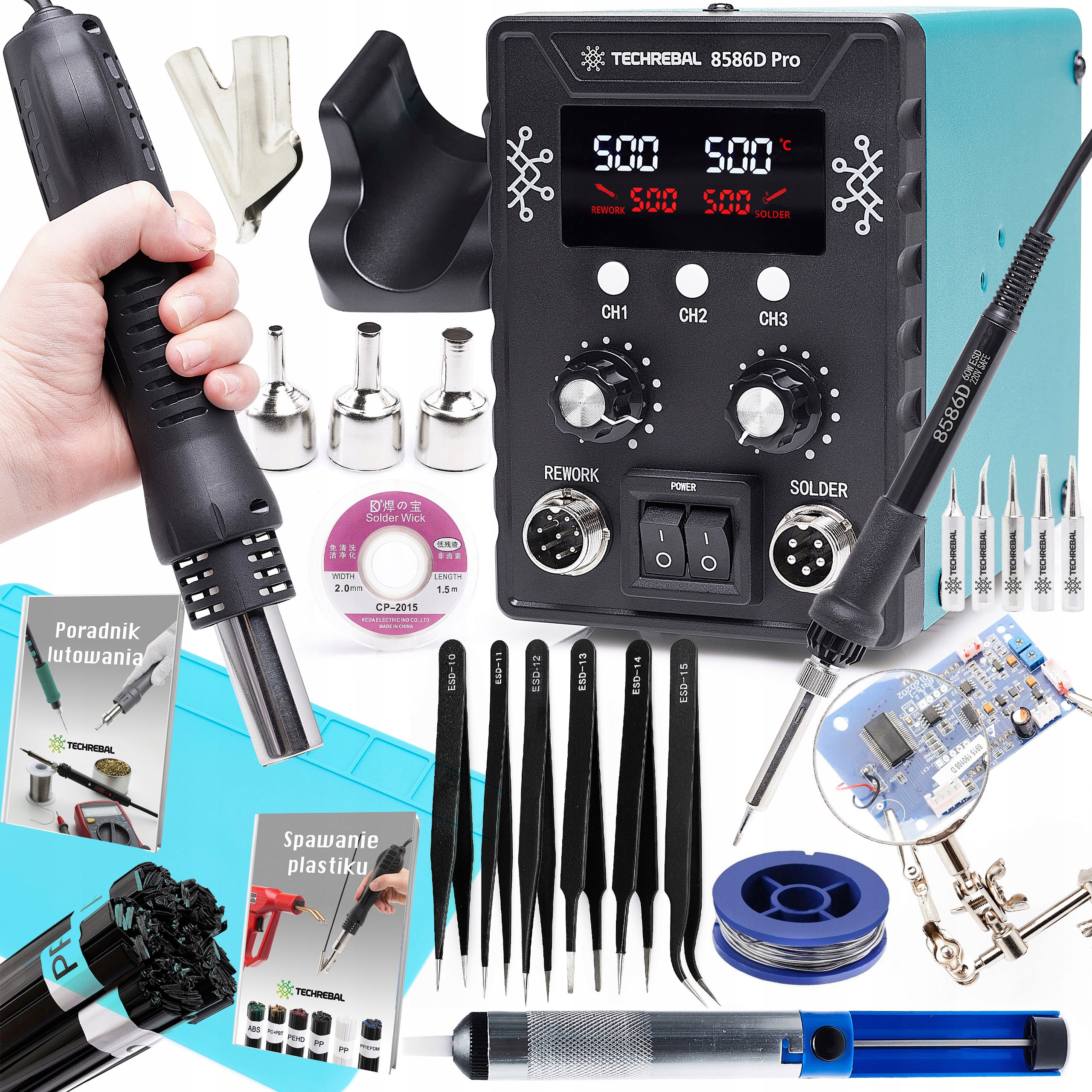 Stacja Lutownicza Hot Air Lutownica 900M Kolbowa 8586 760W 2w1 Zestaw XXL