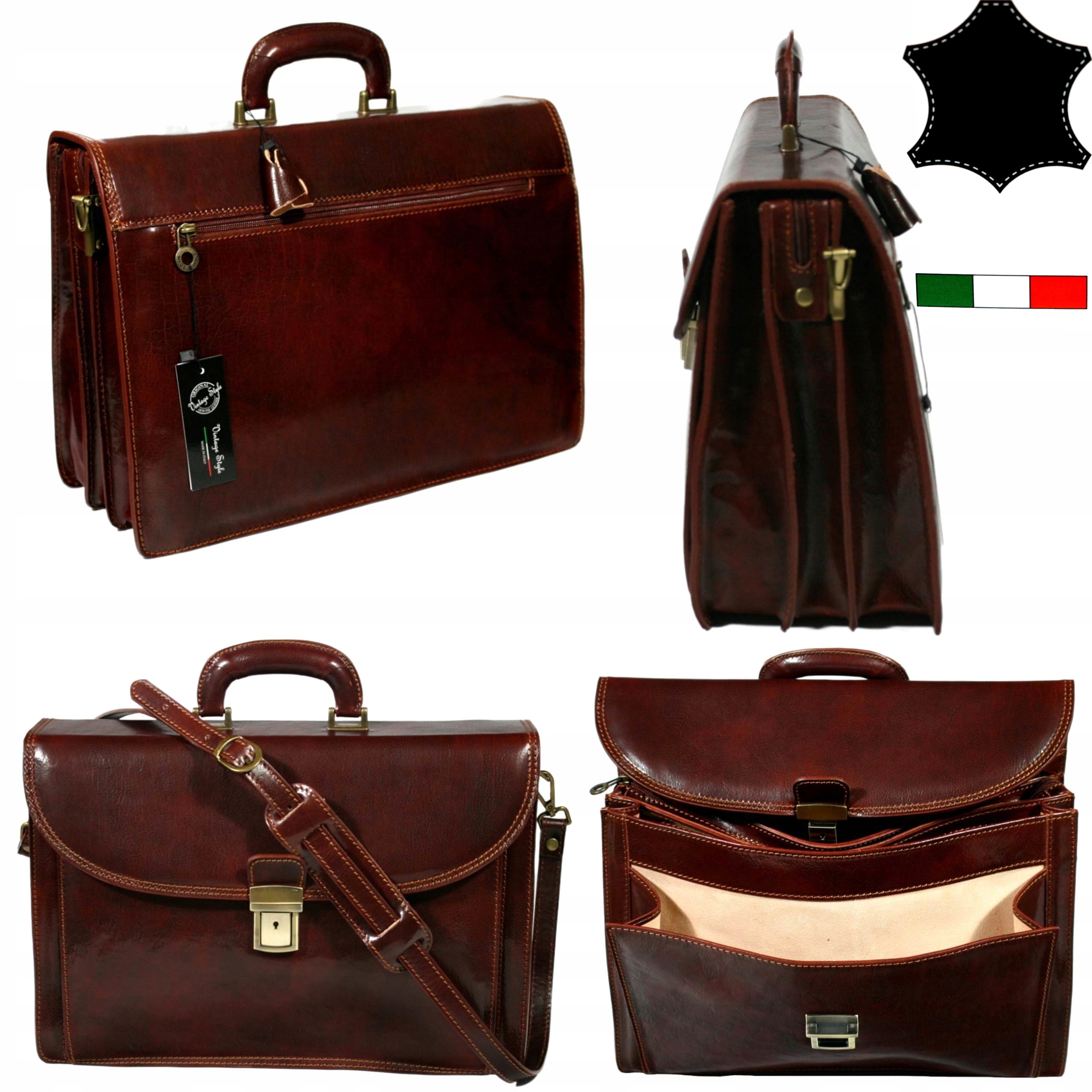 Pánská kožená aktovka hnědá italská 3 komory na notebook 15" velká A4