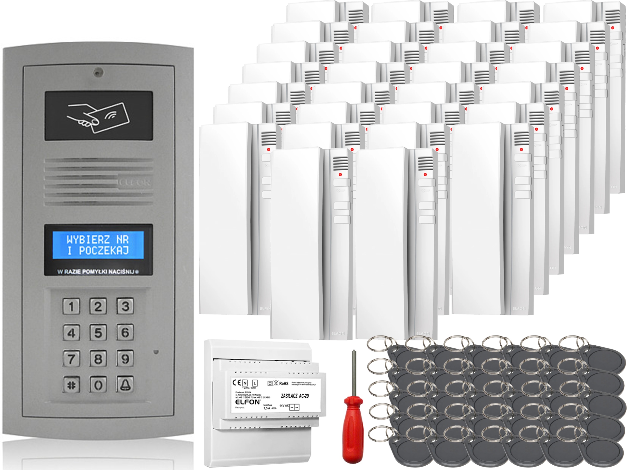 Domofon Sada 30x Slúchadlá Elfon OP-255R-R Digitálny Nástenný Biely Kľúčenka