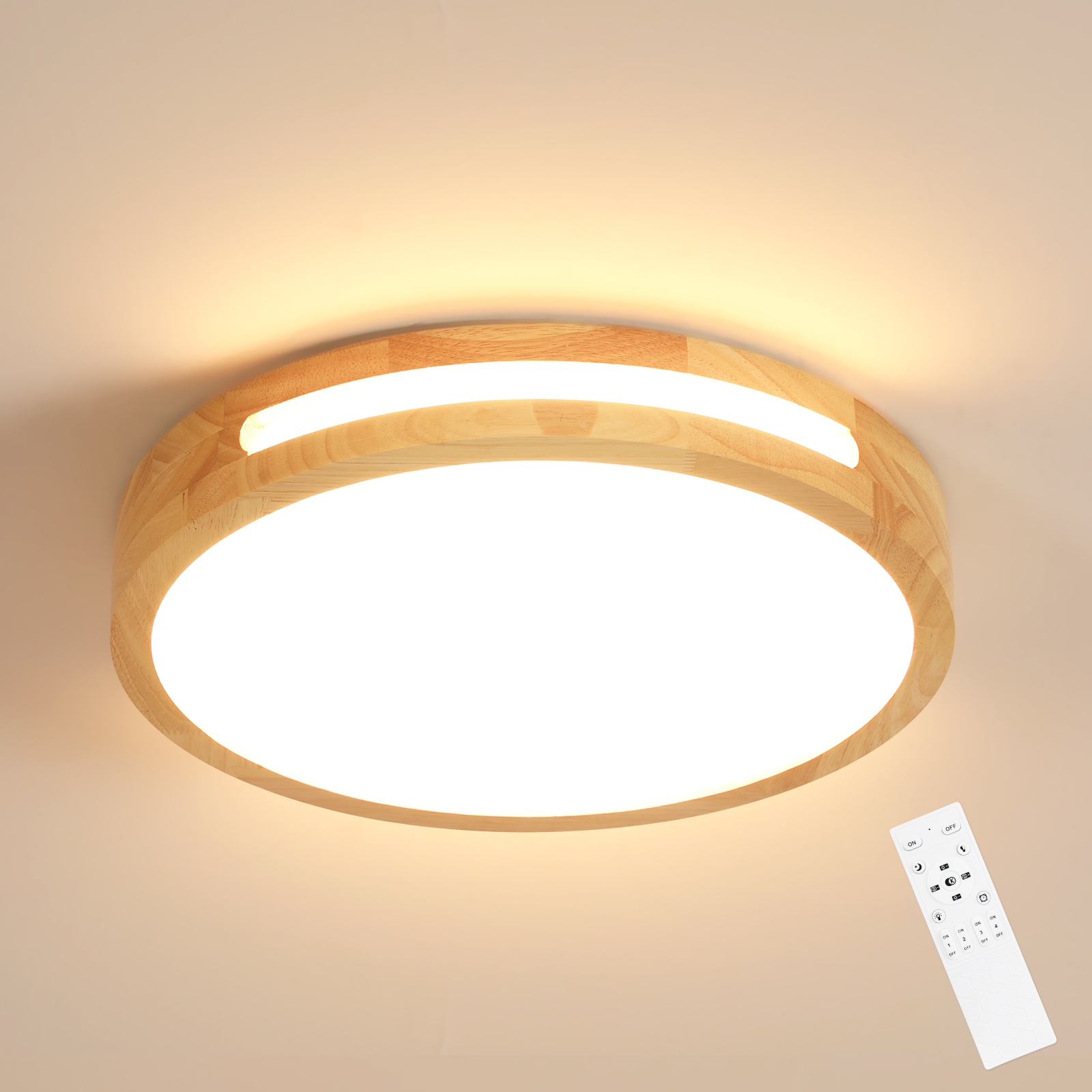 Lampa Sufitowa Led Plafon Drewniany Nowoczesny Do Salonu Ściemnialna 64W Pilot