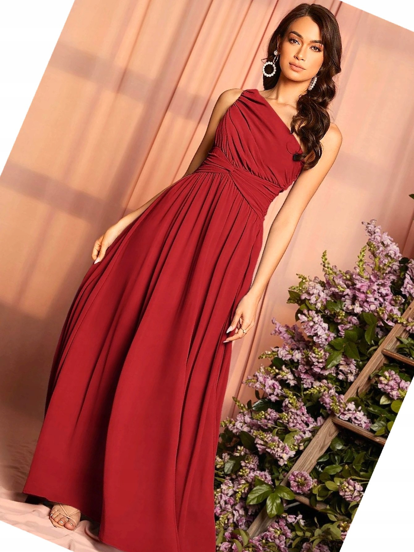 Šaty Maksi Na Jedno Rameno Nařasená Červená M 38