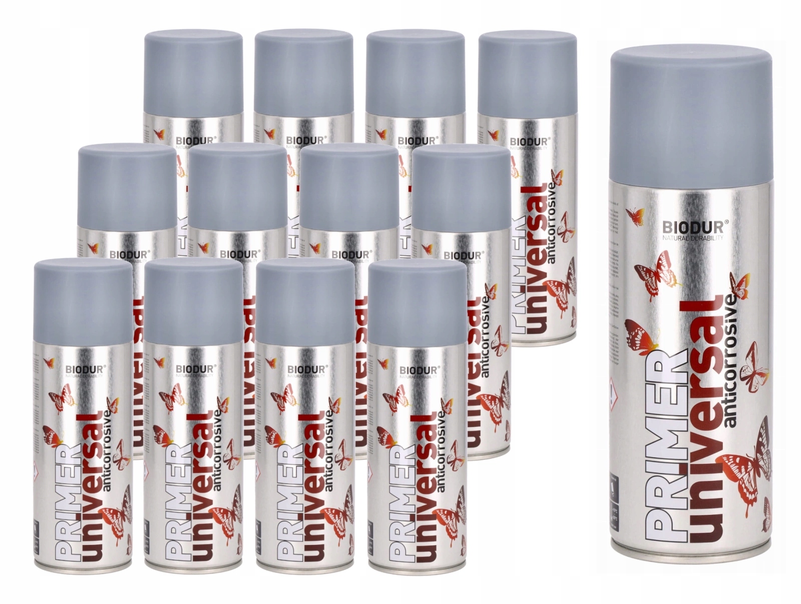 Spray Sprej Podkład Szary Biodur Szybkoschnący Antykorozja 400ML 12 Sztuk
