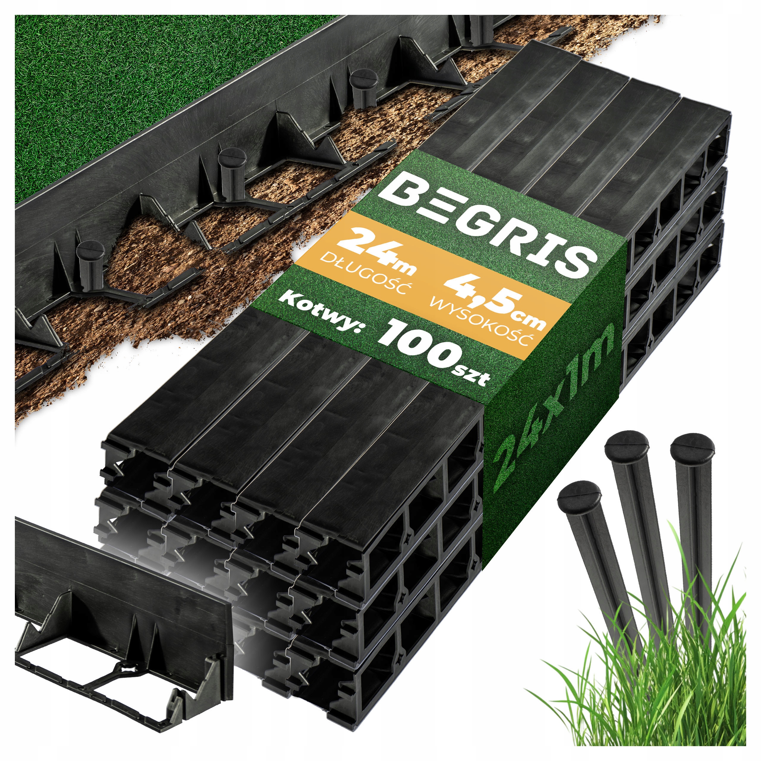 Obrzeże Trawnikowe Ogrodowe 4,5CM 24M 100 Kotew Elastyczne Czarne Border