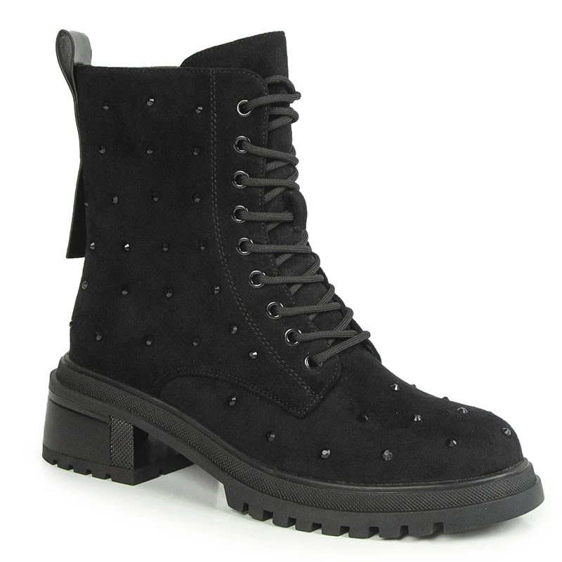 S.barski MR880-017 Kotníkové Boty Se Zirkony Semišová Kůže Černé 38