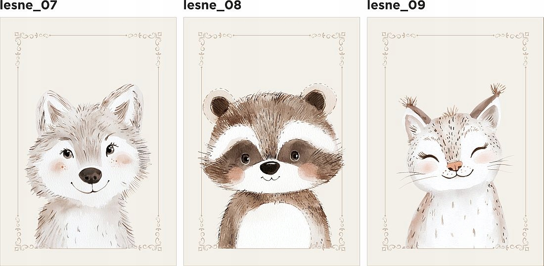 Zestaw 3 plakaty portrety leśnych zwierzaków wzory 40x50 Bohater / Bajka Syrenki