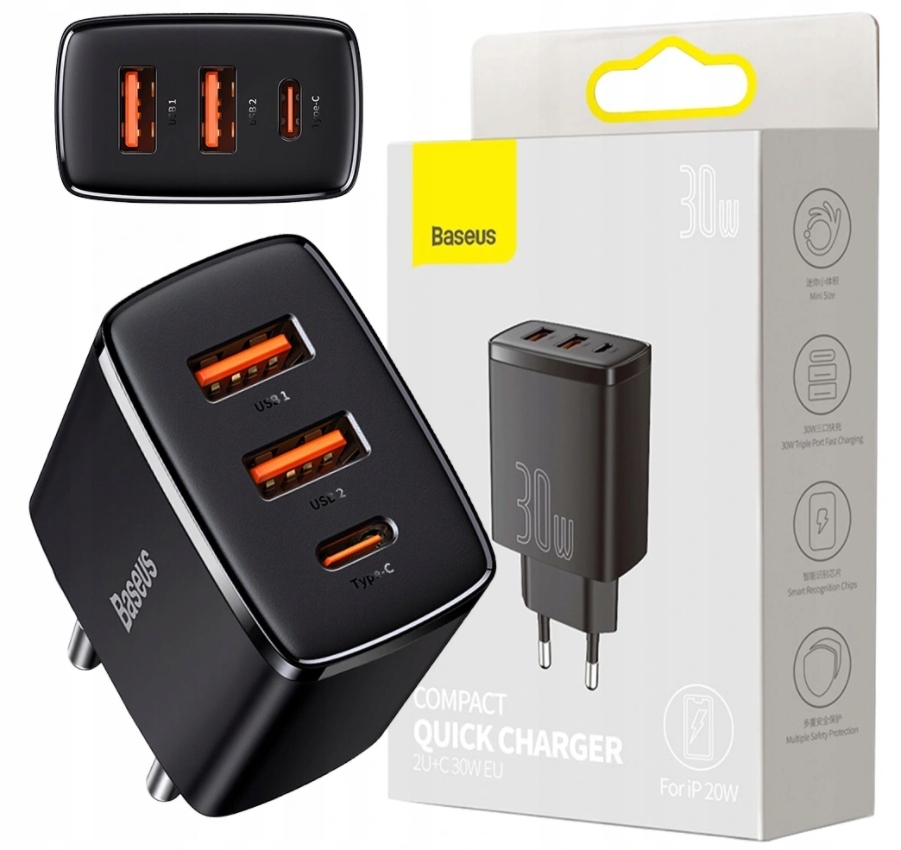 ŁADOWARKA SIECIOWA Baseus 30W 2xUSB-A 1xUSB-C SZYBKIE ŁADOWANIE PD QC 3.0