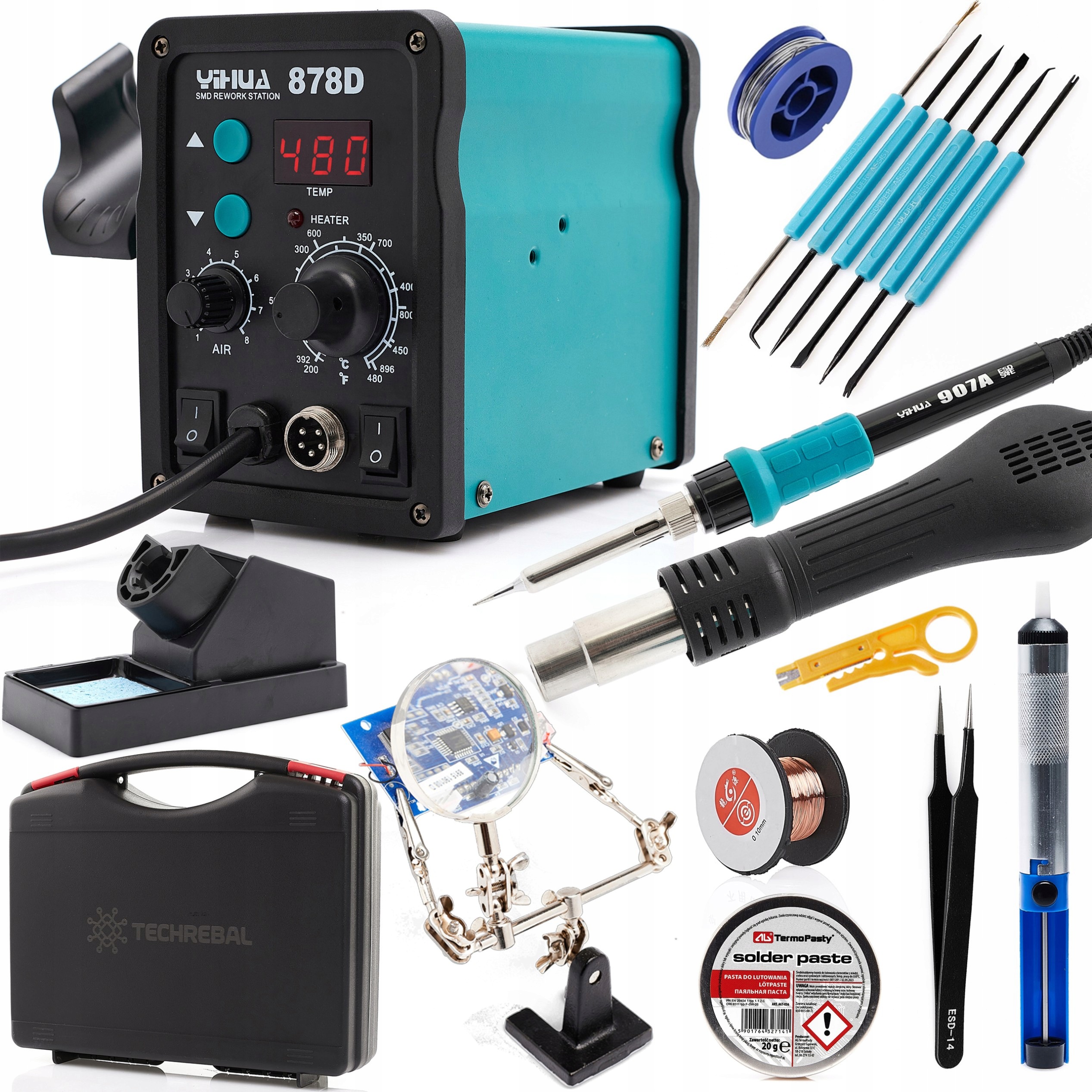 Pájecí stanice Yihua 878D 2v1 Hot-Air sada kufrů cín příslušenství