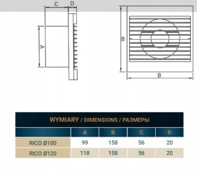 WENTYLATOR DOSPEL RICO 100 WCH WILGOĆ 100 m3/h Średnica 100 mm