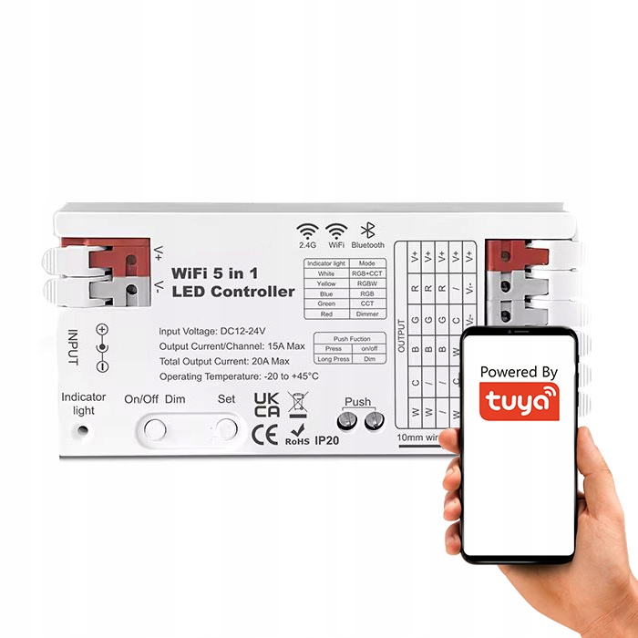 Kontroler Led 5w1 Rgbcct 20A 12-24V Wysoka moc Seria Gl WiFi+RF Tuya