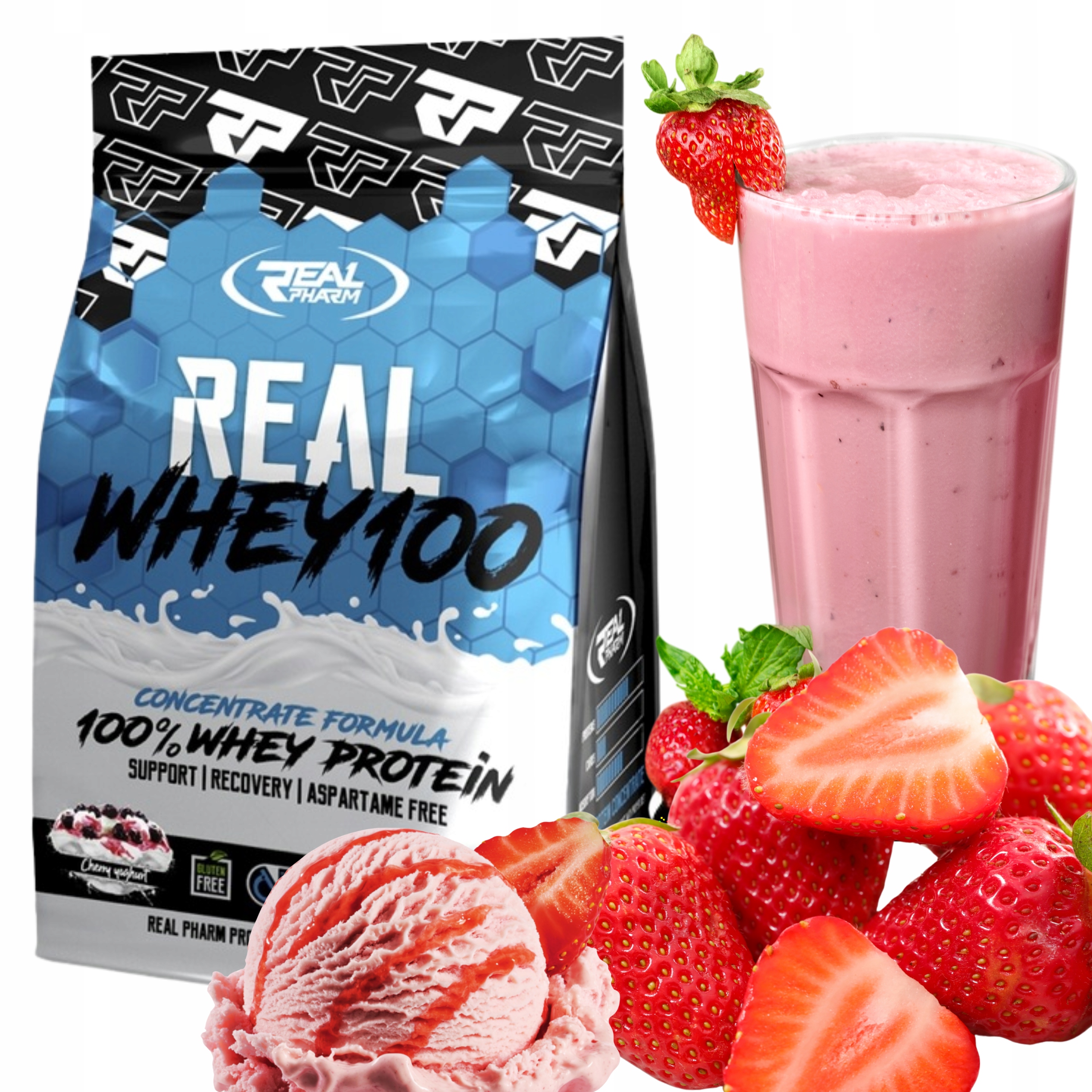 Syrovátkový Protein Wpc protein Real Pharm Real Whey 100 2000g Jahodová Zmrzlina