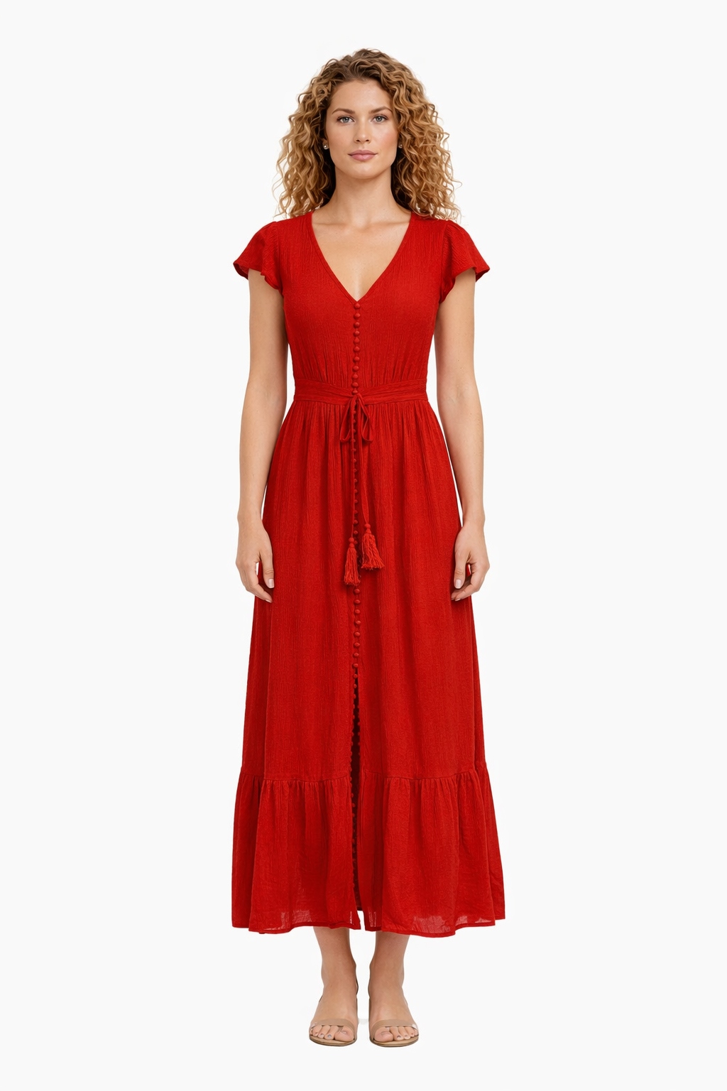 Červená Sukně S Volánem A Knoflíky 1I3A