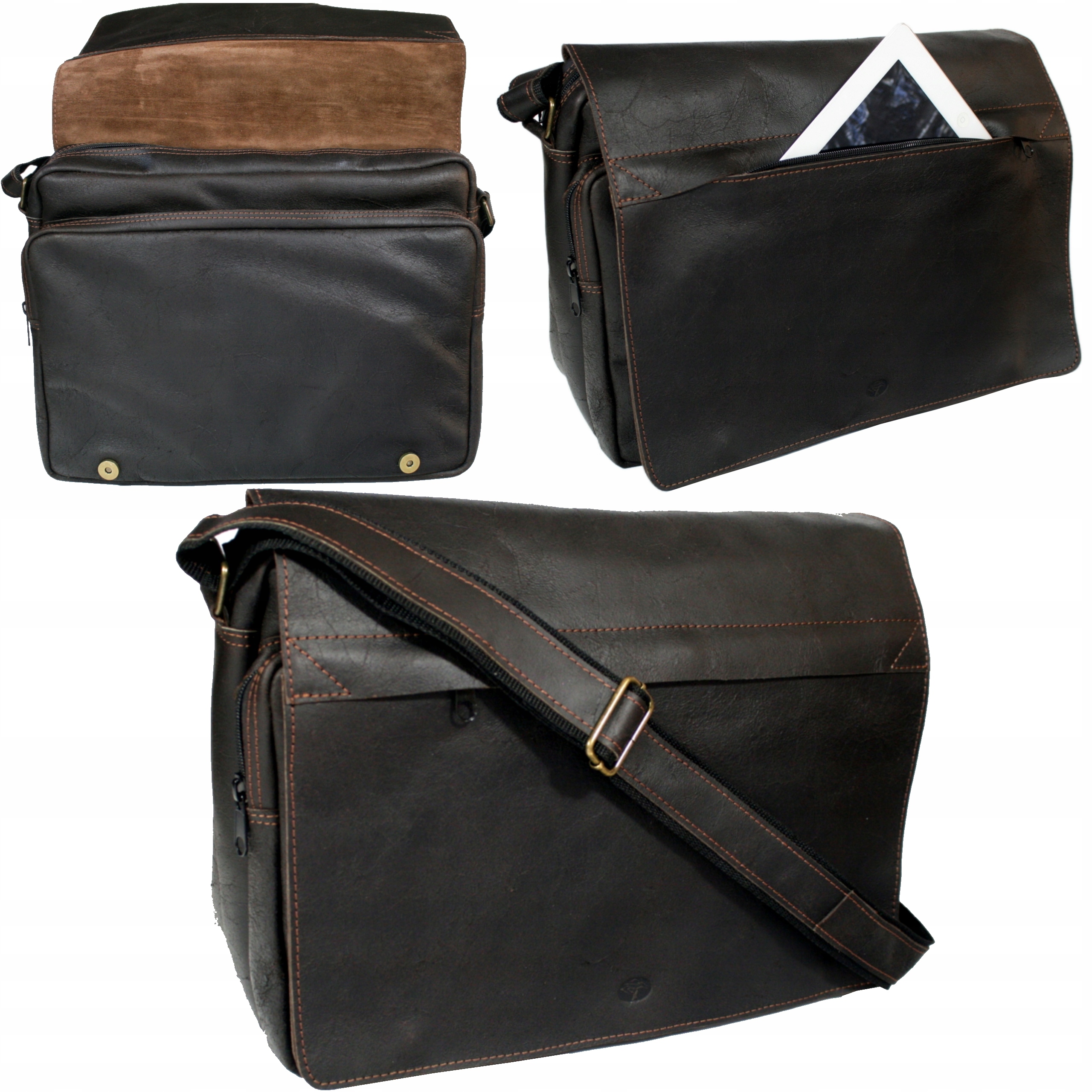 Kožená taška hnědá velká s přihrádkou na notebook 15 polská výroba