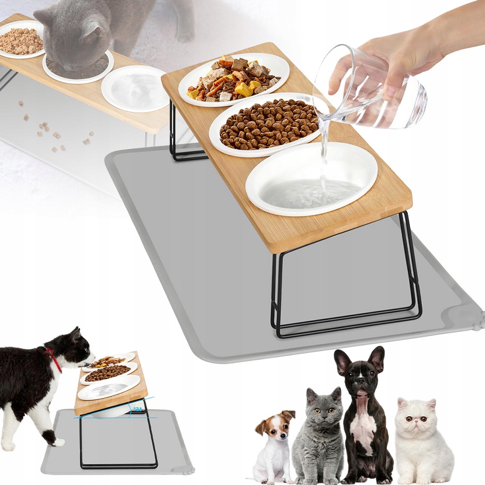 Levně Keramická Miska Pro Psa A Kočku 3 Misky Dřevěná Základna 3X300ML Podložka
