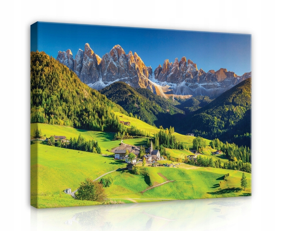 Obraz 120x80 Horská krajina údolí Alpy vesnice kostel slunce světlo stín